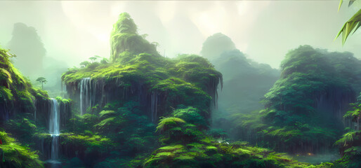 Fantasy Digital Tropical Rainforest Wallpaper Background Fantasy Landscape Illustration