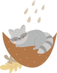 Vector illustration of a baby raccoon sleeping on the moon, autumn composition, vector illustration for design, print, pattern, isolated on white background