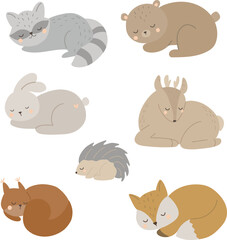 Sleeping baby animals clipart vector, vector illustration for design, print, pattern, isolated on white background