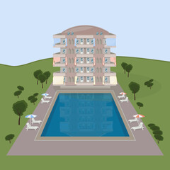 Turkish house with swimming pool. Summer vacation.