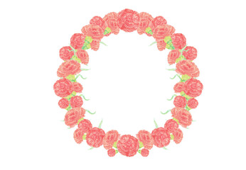 イラスト素材：水彩絵の具で手描きしたリース　母の日カーネーション（透過背景）
