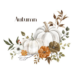 Floral arrangement with pastel pumpkins, rust, brown and white flowers, and tree leaves. Fall botanical wreath. Watercolor hand-painted illustration.
