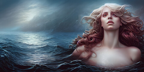 Fototapeta Meerjungfrau im Wasser vor mystischem Hintergrund obraz