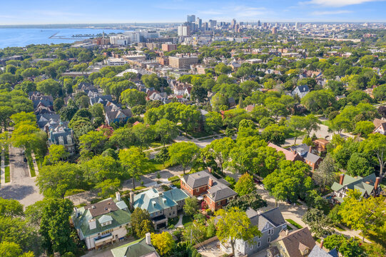 Aerial view of east side of Milwaukee from the corner of N Hackett and E Newberry looking south towards the downtown area