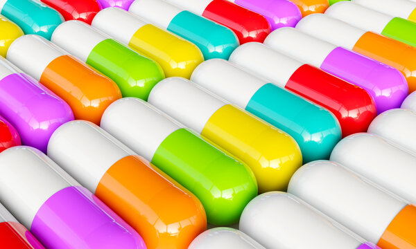Vitamin Capsules with different colors in line. 3D Rendering
