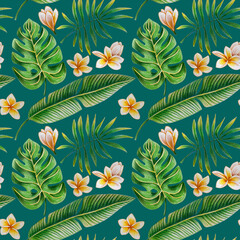 Seamless pattern of tropical leaves and flowers drawn with colored pencils on a Green background. For fabric, sketchbook, wallpaper, wrapping paper.