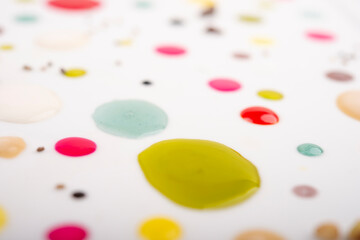 Close-up photo of multiple drops on white background