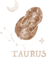 Hand drawn magic bunny illustration, moon and stars. Cute watercolor bunny. Zodiac constellation Taurus