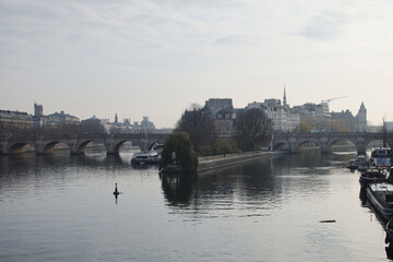 Panorama of Cite island in Paris opening from the Bridge of Arts	