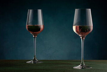 Rose wine from the zinfandel variety in wine glass on dark background, copy space