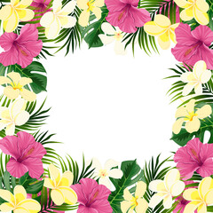 Fototapeta premium A frame of hibiscus and plumeria flowers with monstera and palm leaves. Victor. Beautiful design of cosmetics, wedding invitations and much more.
