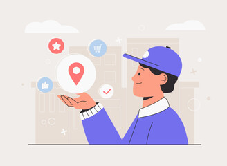 Online delivery service or delivery tracking mobile application. Delivery man holding icon location, city on background.