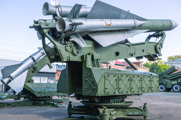 Fototapeta na wymiar Soviet long-range anti-aircraft missile system. An outdated missile system for the defense of large territories from bombers and other strategic aircraft. Museum of Artillery in Perm. Soviet weapons.