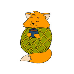 The fox wrapped herself in a blanket and drinks a warming drink. Autumn. Hot tea. Doodle. Drawn by hand. Vector.