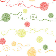 Seamless pattern with crochet chains and yarn balls. Vector vintage background for handcraft.