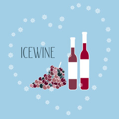 Vector illustration of Ice wine. Cartoon grapes and glass, falling snowflakes. Doodle template of red wine. Wine taste invitation poster, banner.