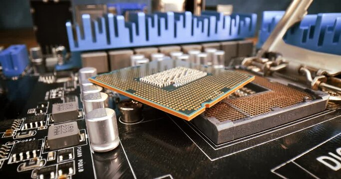 Close-up of CPU Chip Computer Central Processor. Modern computer technology concept.