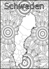 Schwarze und weiße Blume mit der Landkarte Schweden in der Mitte. Muster für Erwachsene Färbung Buch. Doodle floral Zeichnung. Kunsttherapie Färbung Seite