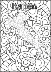 Schwarze und weiße Blume mit der Landkarte Italien in der Mitte. Muster für Erwachsene Färbung Buch. Doodle floral Zeichnung. Kunsttherapie Färbung Seite