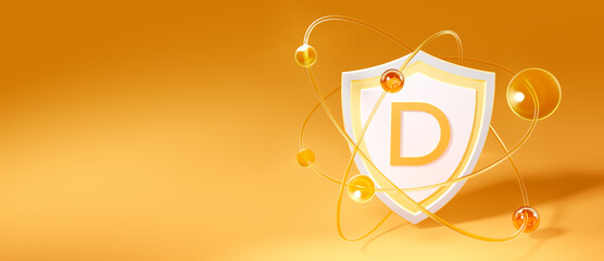 vitamin d, the letter d on the shield and flying atoms. wide format, 3d rendering with copy space on orange background - obrazy, fototapety, plakaty