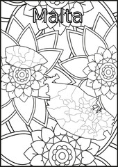 Schwarze und weiße Blume mit der Landkarte Malta  in der Mitte. Muster für Erwachsene Färbung Buch. Doodle floral Zeichnung. Kunsttherapie Färbung Seite