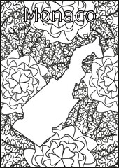 Naklejka premium Schwarze und weiße Blume mit der Landkarte Monaco in der Mitte. Muster für Erwachsene Färbung Buch. Doodle floral Zeichnung. Kunsttherapie Färbung Seite