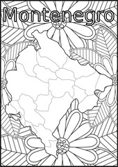 Schwarze und weiße Blume mit der Landkarte Montenegro in der Mitte. Muster für Erwachsene Färbung Buch. Doodle floral Zeichnung. Kunsttherapie Färbung Seite