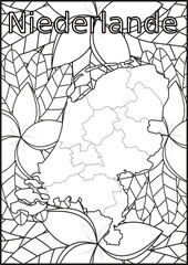 Schwarze und weiße Blume mit der Landkarte Niederlande in der Mitte. Muster für Erwachsene Färbung Buch. Doodle floral Zeichnung. Kunsttherapie Färbung Seite