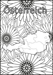 Schwarze und weiße Blume mit der Landkarte Österreich in der Mitte. Muster für Erwachsene Färbung Buch. Doodle floral Zeichnung. Kunsttherapie Färbung Seite