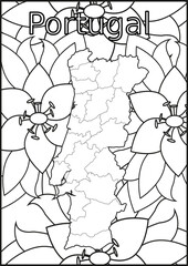 Schwarze und weiße Blume mit der Landkarte Portugal in der Mitte. Muster für Erwachsene Färbung Buch. Doodle floral Zeichnung. Kunsttherapie Färbung Seite