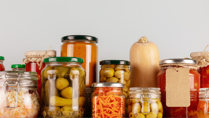 Autumn seasonal pickled or fermented vegetables and mushrooms in jars placed in row on a blue background. Fall home food preserving or canning. Vegetarian and vegan foods, close up