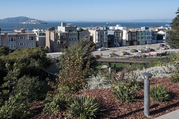 Seascape of the city of San Francisco, California, from Francisco Park,  a public park in the Russian Hill neighborhood opened on April, 2022. 