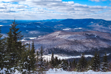 Naklejka premium View in winter on the snow covered mountains of Laurentides from the top of Mount Kaaikop in Quebec (Canada)