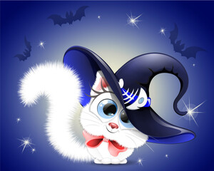 Cute fluffy little white cartoon cat in witch hat with fish bone belt and red bow. 