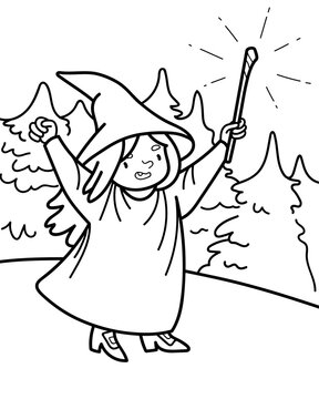 Vector illustration of the witch with magic wand in forest. Coloring page with fairy character.