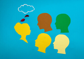 woman leads meeting, business design, above paper head woman cloud as copy space
