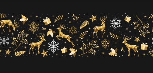 Golden Christmas seamless decoration on black background. Happy New Year and  Christmas pattern. Gold reindeer and snowflakes. Vector template  for greeting card or party invitation. © Любовь Овсянникова
