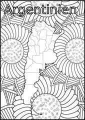Schwarze und weiße Blume mit der Landkarte Argentinien in der Mitte. Muster für Erwachsene Färbung Buch. Doodle floral Zeichnung. Kunsttherapie Färbung Seite