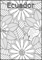 Schwarze und wei&szlig;e Blume mit der Landkarte Ecuador in der Mitte. Muster f&uuml;r Erwachsene F&auml;rbung Buch. Doodle floral Zeichnung. Kunsttherapie F&auml;rbung Seite