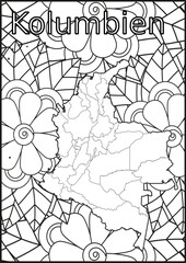 Schwarze und weiße Blume mit der Landkarte Kolumbien in der Mitte. Muster für Erwachsene Färbung Buch. Doodle floral Zeichnung. Kunsttherapie Färbung Seite