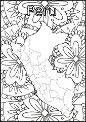 Schwarze und weiße Blume mit der Landkarte Peru in der Mitte. Muster für Erwachsene Färbung Buch. Doodle floral Zeichnung. Kunsttherapie Färbung Seite
