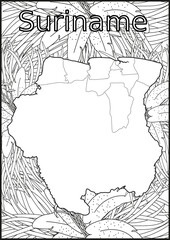 Schwarze und weiße Blume mit der Landkarte Suriname in der Mitte. Muster für Erwachsene Färbung Buch. Doodle floral Zeichnung. Kunsttherapie Färbung Seite