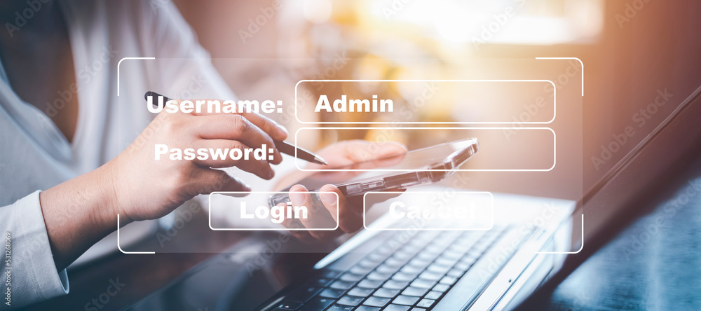 Poster security password login online concept hands typing and entering username and password of social med