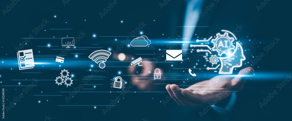 Poster businessman hand hold artificial intelligence (ai),on big data network machine learning and data on 