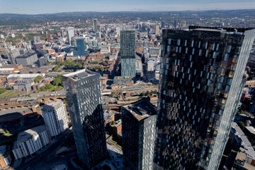 Manchester City Centre Drone Aerial View Above Building Work Skyline Construction Blue Sky Summer...