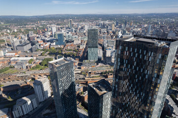 Manchester City Centre Drone Aerial View Above Building Work Skyline Construction Blue Sky Summer...