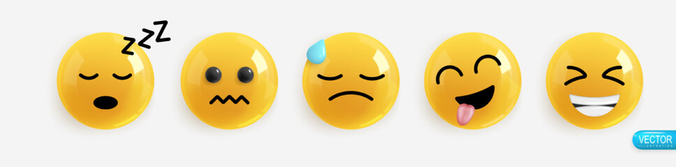 Emotion Realistic 3d Render. Set Icon Smile Emoji. Vector yellow glossy emoticons.