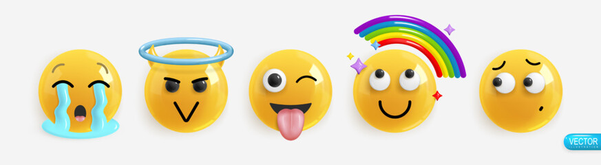 Emotion Realistic 3d Render. Set Icon Smile Emoji. Vector yellow glossy emoticons.