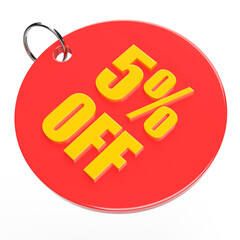 Tag 5 percent off promotion 3d rendering isolated