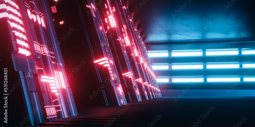 Poster 3d rendering sci fi scene illustration. dark metal corridor with row of pillar and red light trail. 